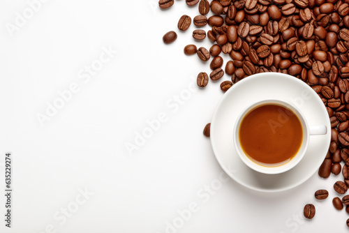Top-Down View of White Coffee Cup on Saucer Plate with Brown Coffee Beans on White Surface Background and Empty Space for Text Generative AI