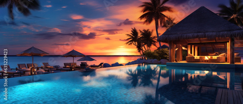 Tropical resort pool and huts at sunset. 21 to 9 aspect ratio