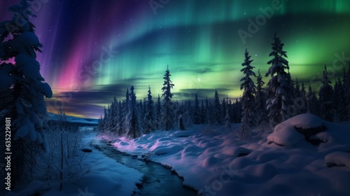 northern lights winter forest, landscape, art