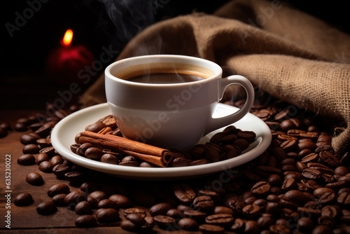 Steaming White Cup of Coffee on Saucer with Cinnamon Stick and Burlap Background Surrounded by Brown Coffee Beans Generative AI