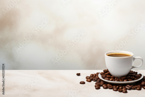 White Cup of Coffee on Textured White and Beige Background Surrounded by Brown Coffee Beans, with Space for Text Generative AI