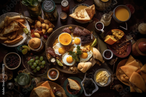 a closeup of a North African breakfast, AI generated, Generative AI, AI Art, illustration, photo