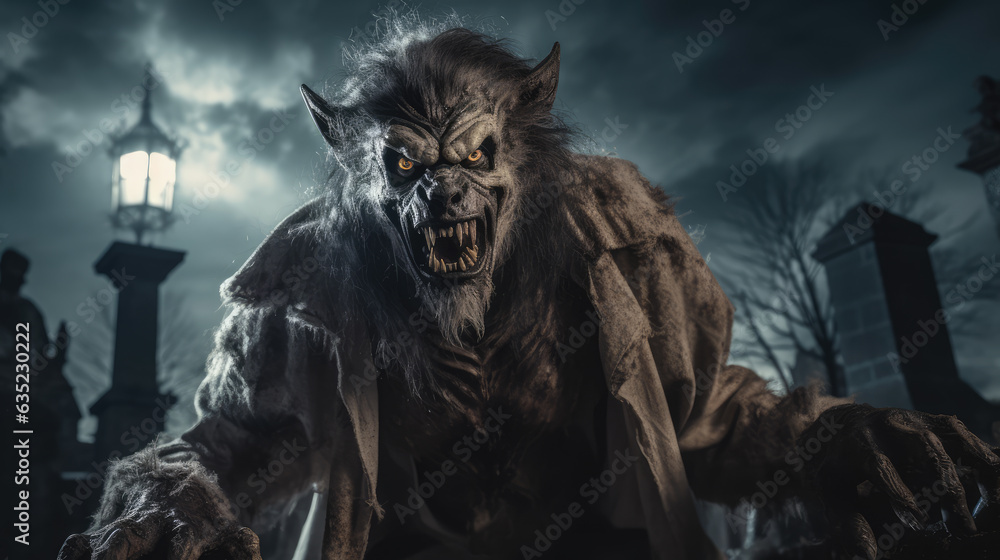 Portrait of Scary Werewolf in Cemetery in Full Moon Horror Night. Portrait of Scary Werewolf in Cemetery in Full Moon Horror Night.