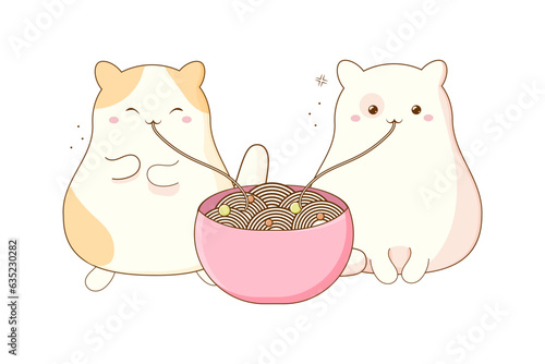 cute cats eating chinese korean noodles. Vector