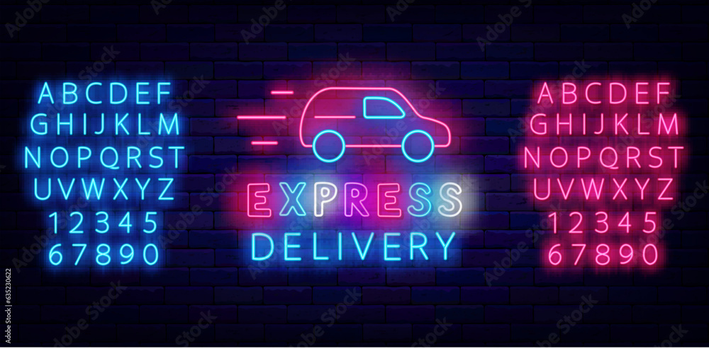 Express delivery neon signboard. Fast car. Glowing advertising. Glowing pink and blue alphabet. Vector illustration