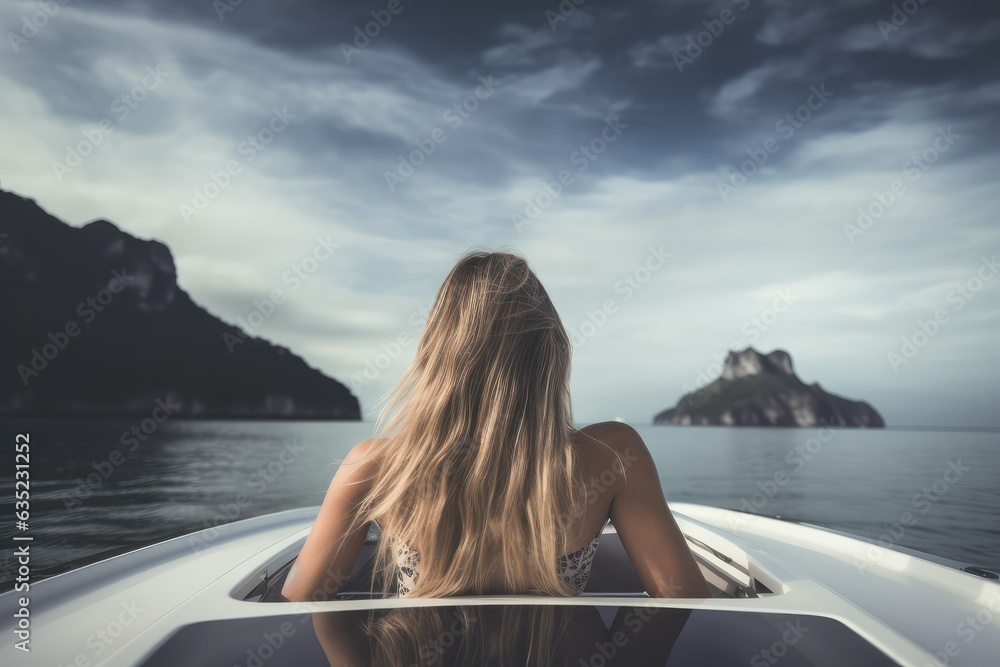 view from behind woman relaxing on a luxury boat.