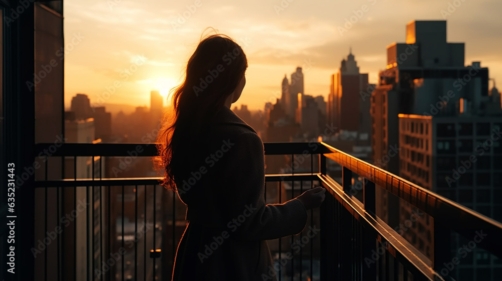 successful woman standing on luxury balcony overlooking New York - obrazy, fototapety, plakaty 