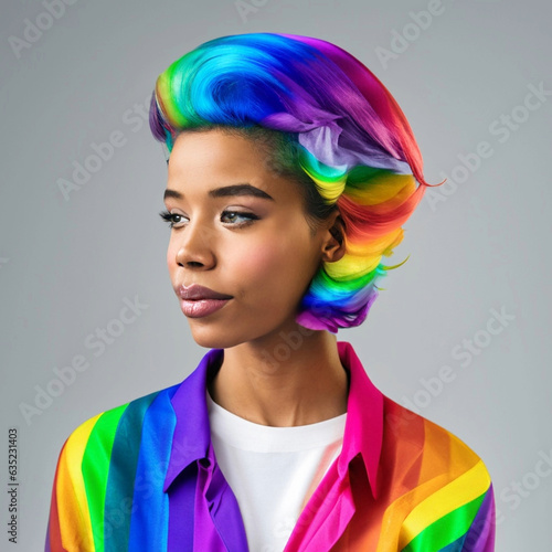 portrait of a woman in a colorful rainbow wig and rainbow shirt 