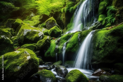 Waterfall landscape with rocks covered in green moss