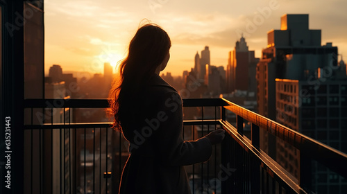 successful woman standing on luxury balcony overlooking New York