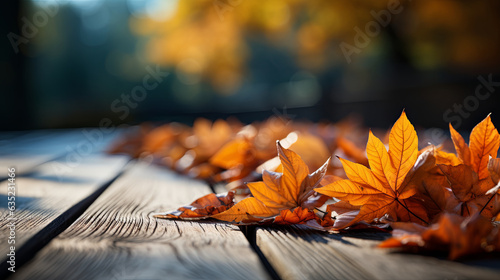 Closeup of autumn foliage on wood background blur