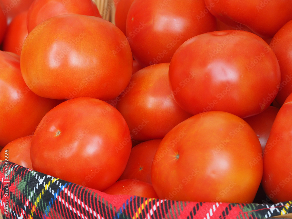 Vegetable still life, fresh tomatoes in a wicker basket, close-up. Natural products, the concept of healthy nutrition.