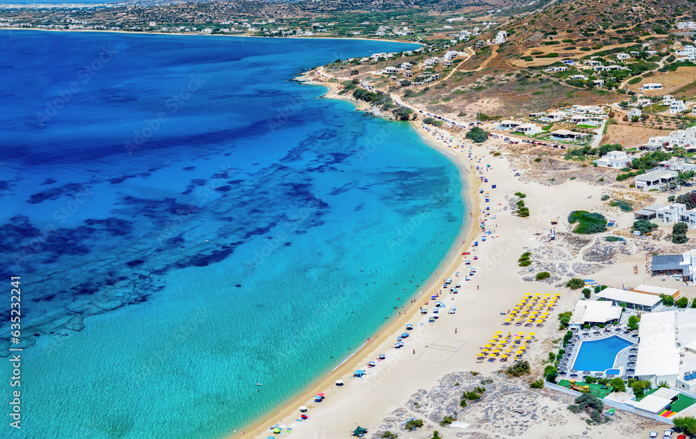Panoramic aerial view of the beach at Mikri Vigla, north side, with fine sand and turquoise shining sea, Naxos island, Greece