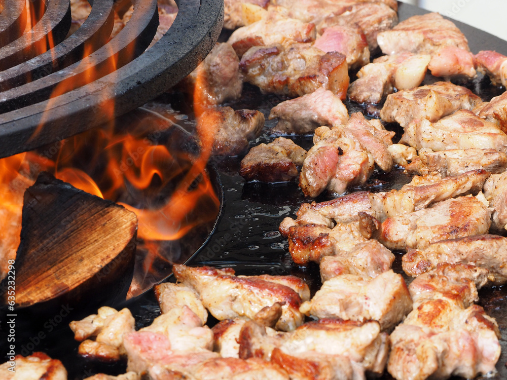 Meat, delicious fried pieces, with a golden crust, cooked on the grill, against the background of a brazier and fire. Pieces of fried meat, close-up.