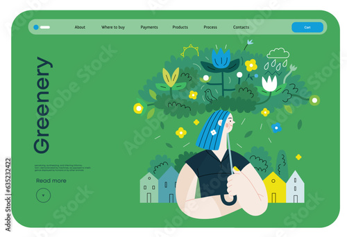 Greenery, ecology -modern flat vector concept illustration of a woman under the green lush umbrella of plants and flowers. Metaphor of environmental sustainability and protection, closeness to nature