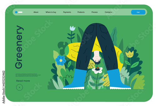 Greenery, ecology -modern flat vector concept illustration of a male gardener carrying the plants. Metaphor of environmental sustainability and protection, closeness to nature