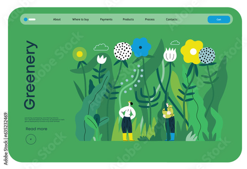 Greenery, ecology -modern flat vector concept illustration of tiny people in the grass, surrounded by plants and flowers. Metaphor of environmental sustainability and protection, closeness to nature