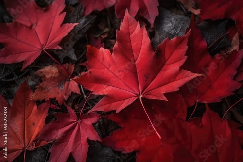 Red autumn maple leaves laying on the forest ground