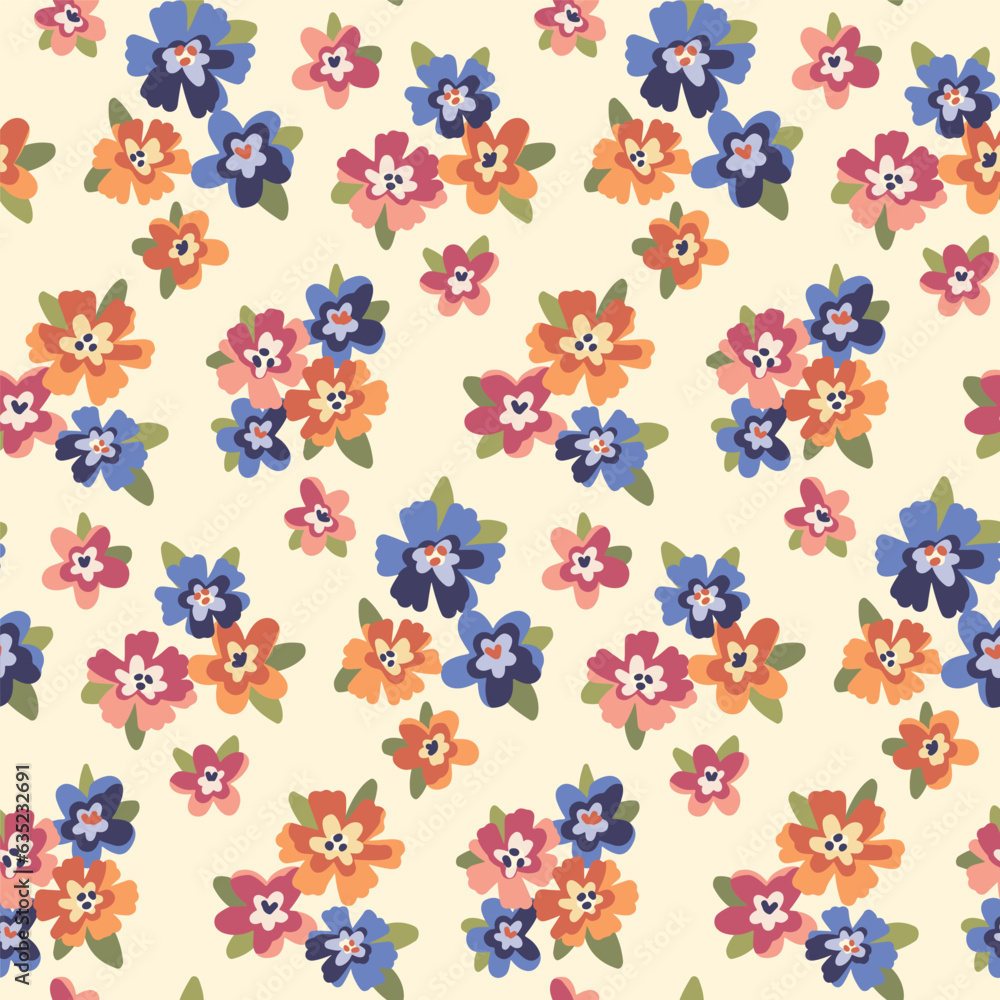 Seamless floral pattern, liberty ditsy print with mini bouquets. Cute botanical design with retro motif, pretty flower ornament: small hand drawn flowers, tiny leaves. Vector illustration. Seamless floral pattern, liberty ditsy print with mini bouquets. Cute botanical design with retro motif, pretty flower ornament: small hand drawn flowers, tiny leaves. Vector illustration.