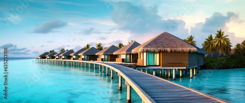Photographie Wooden walkway above the turquoise ocean water leading to overwater bungalows at tropical resort