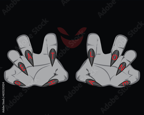 vector design of two dark red eyeballs with a scary smile and a black background with two hands and fingers that have black sharp nails and have red DEATH ALONE written on the fingernails