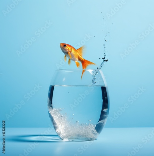 Goldfish jumping out of the water  isolated on blue background.