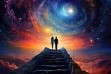 Couple in love walking together in surrealistic landscape. Man and woman standing at edge of land with colorful fantastic sky. Cosmic love and romantic emotions
