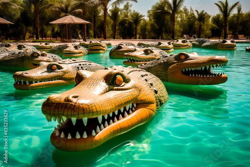 Crocodiles gonflables dans une piscine - Générative IA photo