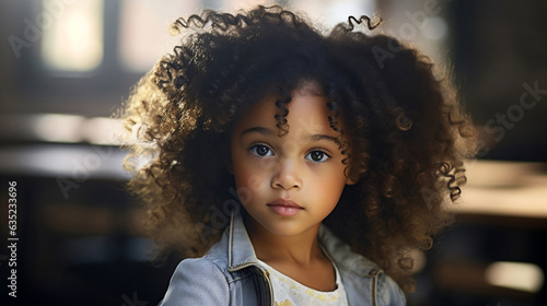 Portrait of African little girl with curly hair in classroom.