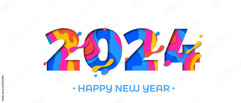 2024 Happy New Year paper cut greeting card. Vector New Year Eve colorful paper cut 2023 number - obrazy, fototapety, plakaty 