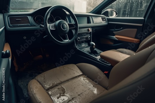 The interior of a car flooded with water.