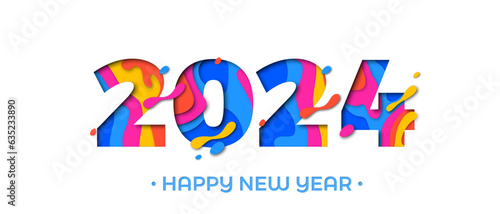 2024 Happy New Year paper cut greeting card. Vector New Year Eve colorful paper cut 2023 number