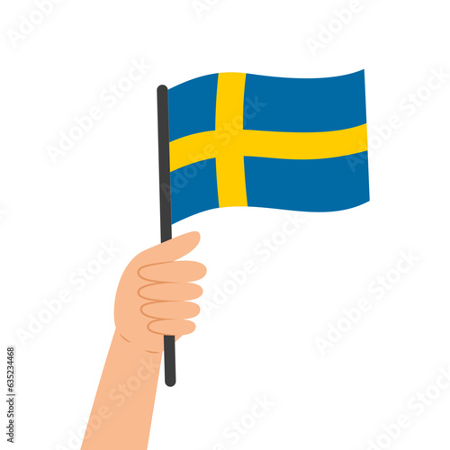 Hand holding a flag of Sweden. Vector illustration of Swedish flag in flat style isolated on white background.