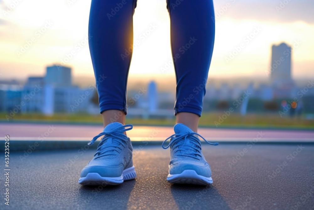 A female wearing sneakers waiting to start her jogging in the morning. Generated by ai