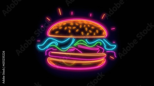 A neon logo of a burger woth the long bread. Generated by ai © Yuliia