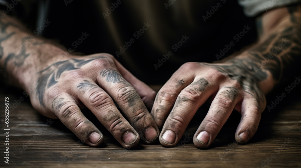 Fototapeta premium Rough male hands with tattoos and dirty fingernails on a rough wooden table. Generative AI.