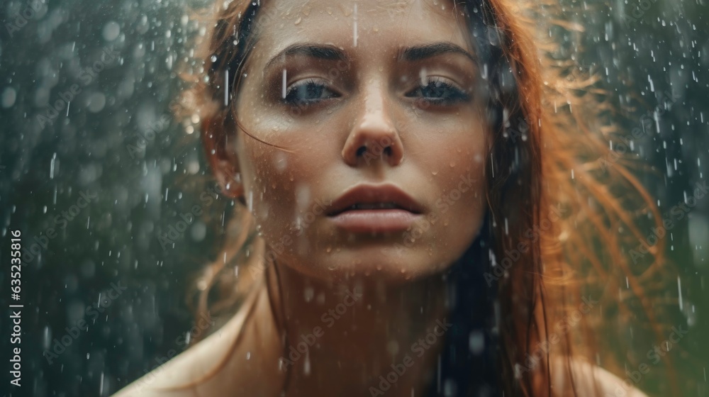 Close-up of a woman's face in the rain. Generated by ai