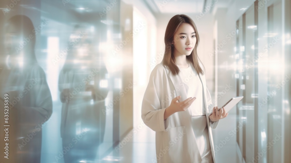 Fototapeta premium Image of a female doctor holding a tablet in the corridor, aluminum style, blurred shapes. Generated by ai