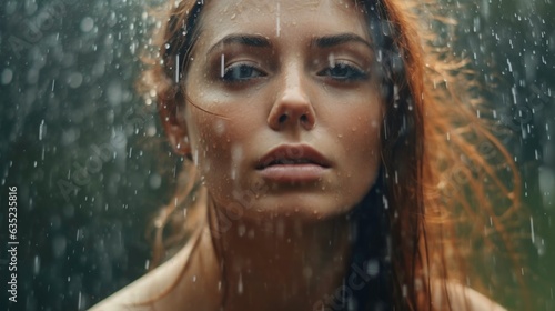 Close-up of a woman s face in the rain. Generated by ai