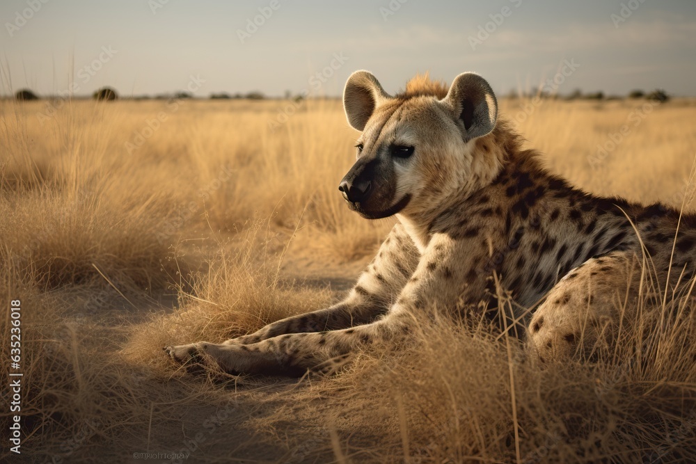 Spotted hyena portrait with yellow background, close-up portrait Spotted hyena portrait with yellow background, close-up portrait