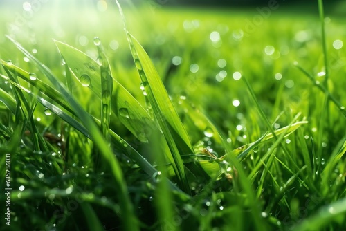Fresh green grass with dew drops close-up. Natural background