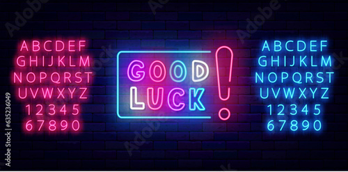 Good luck neon label. Handwritten colorful text. Shiny turquoise and pink alphabet. Vector stock illustration