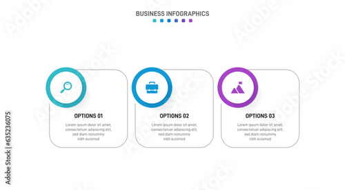 Timeline infographic with infochart. Modern presentation template with 3 spets for business process. Website template on white background for concept modern design. Horizontal layout.