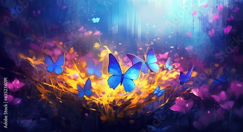 Beautiful butterfly in the meadow of flowers. Digital painting.