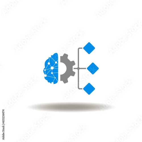 Vector illustration of brain with gear and flowchart or network structure. Icon of quantum computing. Symbol of networking technology.