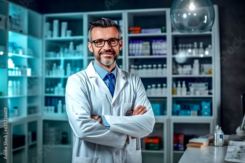 Pharmacien, portant des lunettes et une blouse blanche, dans sa pharmacie - Générative IA © Concept Photo Studio
