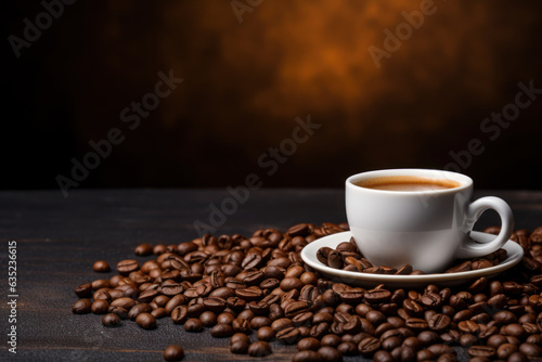 Steaming Hot White Cup of Coffee on Dark Textured Surface with Black and Orange Moody Background Surrounded by Coffee Beans with Empty Space Generative AI
