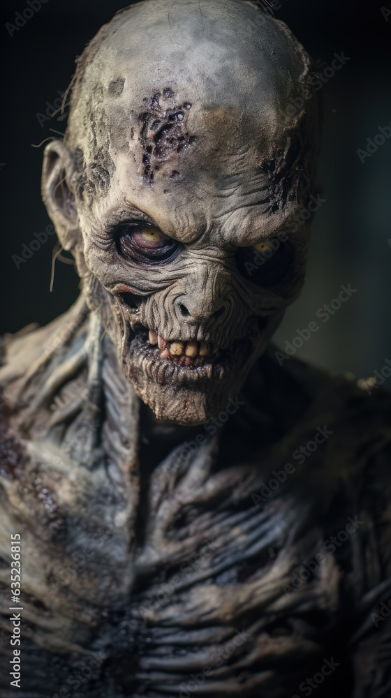 Portrait of a pale-skinned zombie with a blank stare, creature from horror and apocalypse stories. Portrait of a pale-skinned zombie with a blank stare, creature from horror and apocalypse stories.
