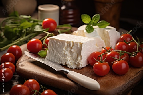 A cutting board with a block of cheese and cherry tomatoes, making a colorful and inviting snack.