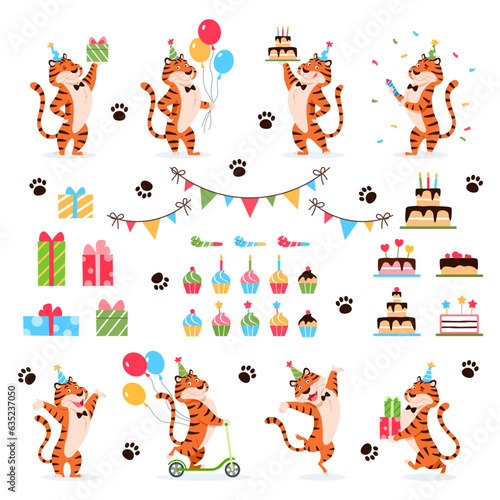 Cartoon tigers Birthday set on white background. Animal characters in party hats. Cute adorable flat wild cats with presents cakes cupcakes whistles. Smiling orange striped feline vector illustration.